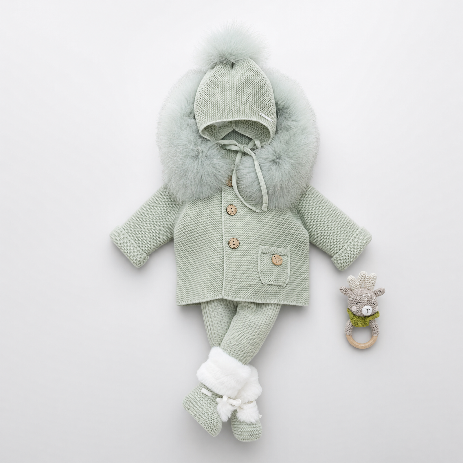 PANGASA BABY -TRENKA LUXURY VERDE -Abrigo de Punto con Capucha y Pelo