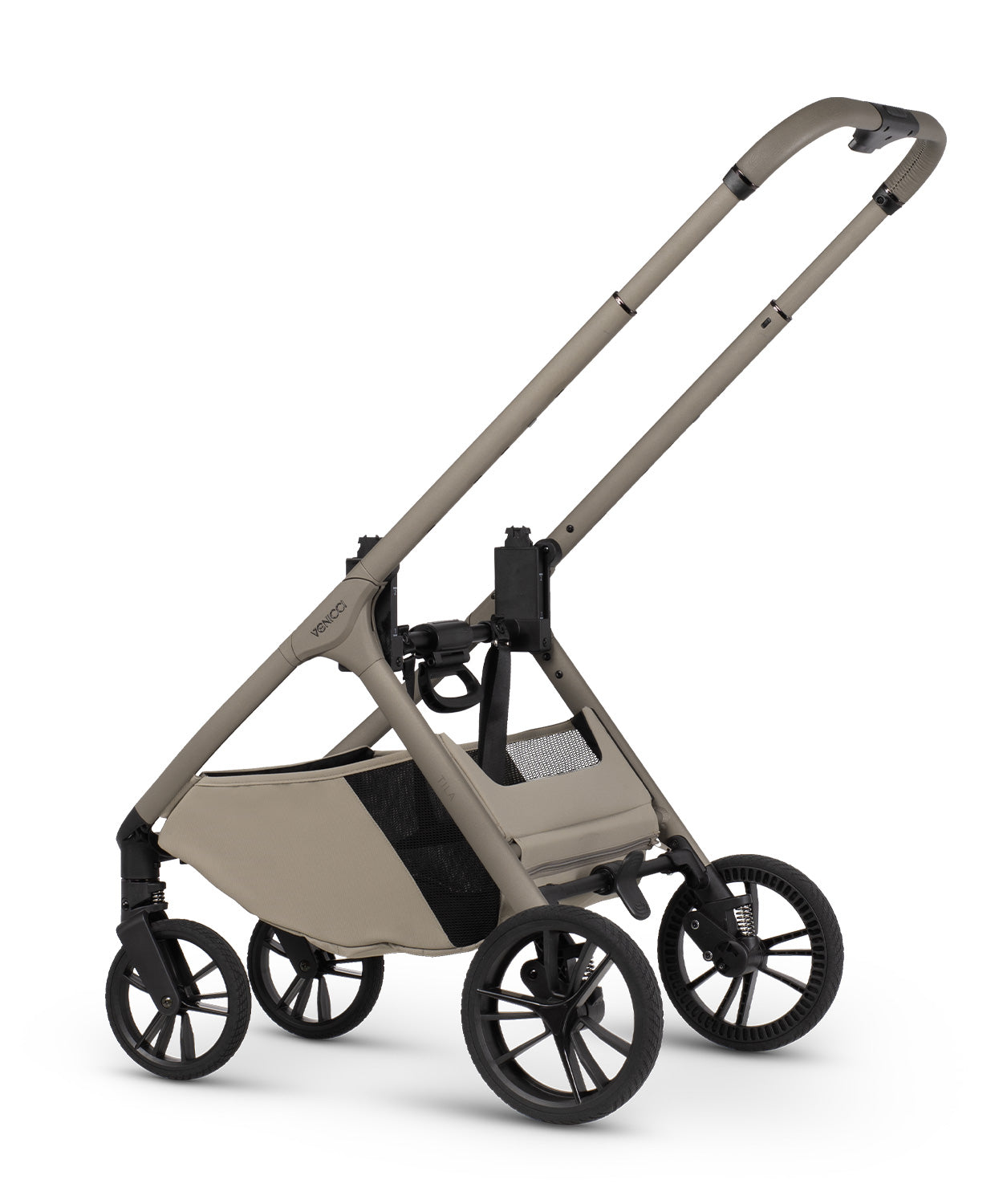Chasis del carrito de bebé Venicci Tila Latte con suspensión, ruedas todoterreno y plegado compacto.